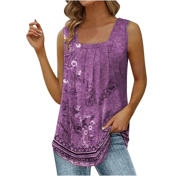 ICHUANYI Clearance Women's Summer Casual Tank Tops Loose Fit Pleated Square  Neck Sleeveless Shirts Tops(Purple, XXL) ICHUANYI WER2023081016660