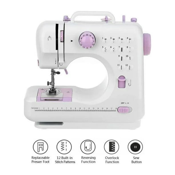Máquina de coser portátil mini máquina de coser eléctrica para  principiantes, 12 puntadas integradas, 2 velocidades con pedal de pie, luz,  cajón de