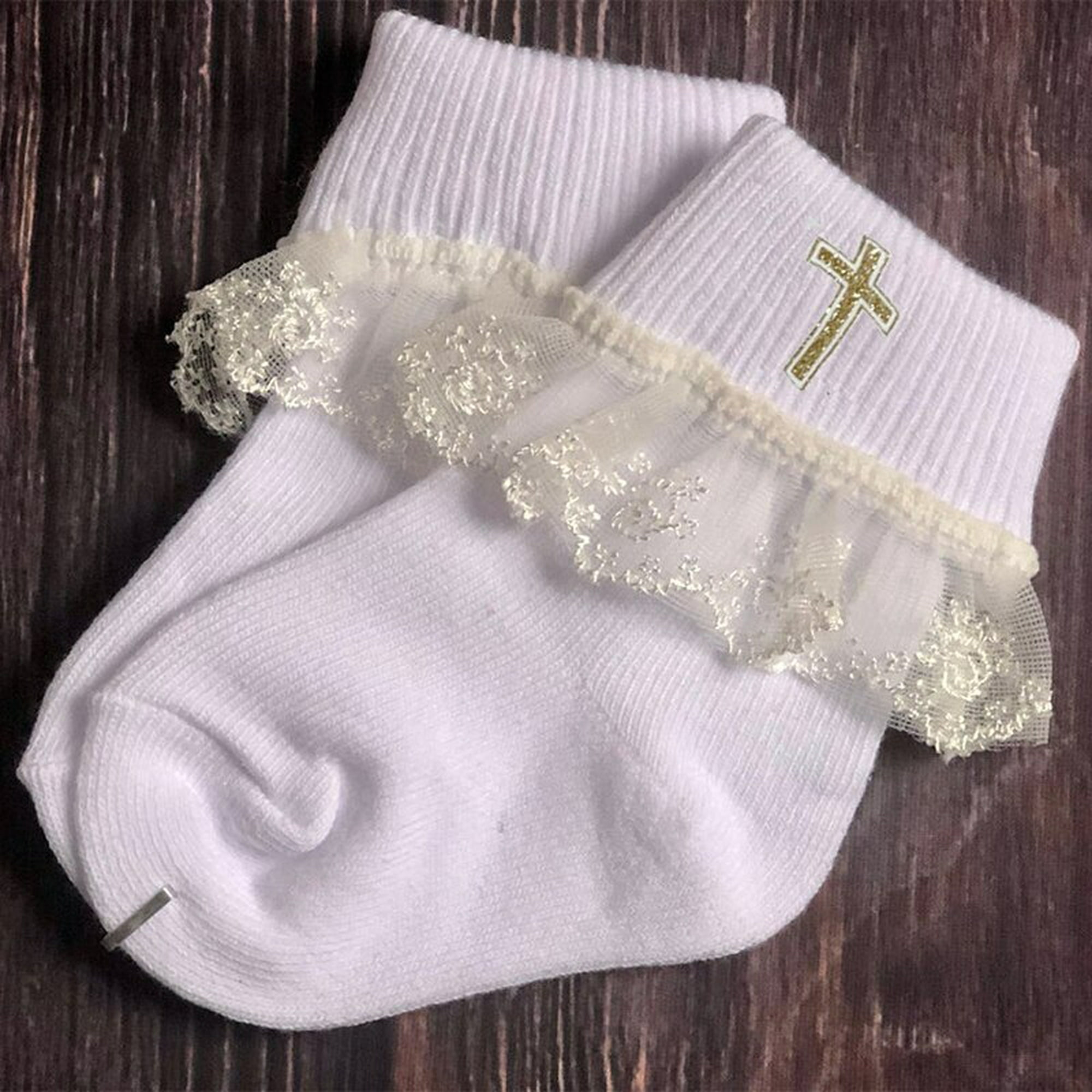 Calcetines blancos de bautismo para niñas para primera comunión o bautizo  con cruz y volantes
