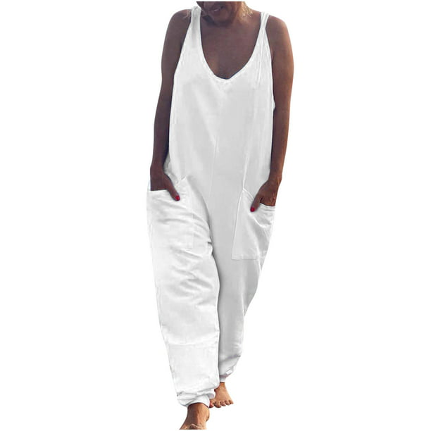 Elegante mono blanco de color sólido de verano para mujer, sin mangas,  cintura alta, pantalones sueltos casuales (color blanco, tamaño: XL)