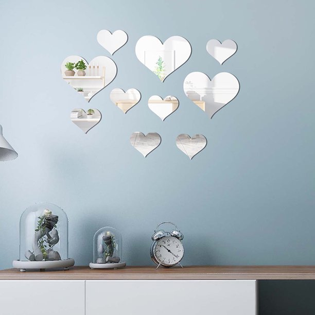 Espejo pegatinas de pared, 3D cristal doble amor corazón acrílico DIY arte  pared pegatinas hogar sala