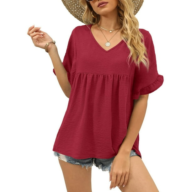 Ropa Manga Corta Mujer Informal con Cuello En V Camiseta De Verano