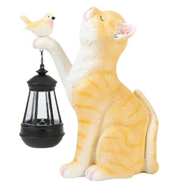 Adornos de baño de pájaros de jardín, 2 figuras de gato, estatua de pájaro  volador, escultura de gato para interiores y exteriores con luz solar