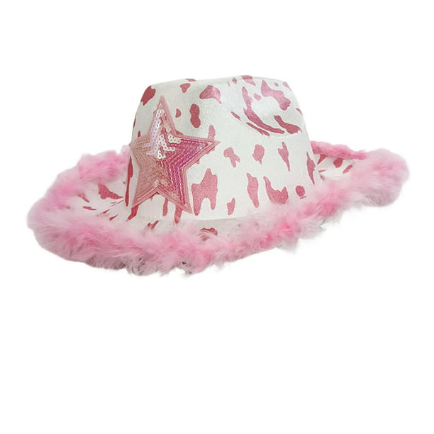 Sombrero Rosa Blanco Cowgirl Plumas Mujer, White Pink Cowboy Hat