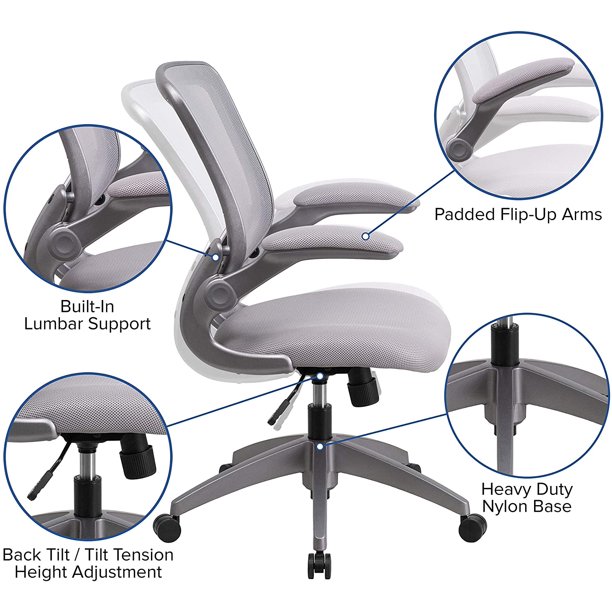 Silla ergonómica de oficina, silla de escritorio con respaldo medio y  brazos abatibles, malla transpirable, altura ajustable, giratoria, silla