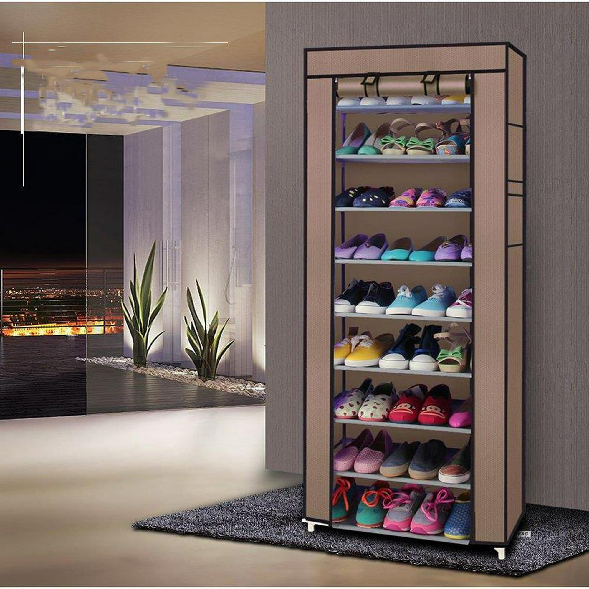Zimtown Zapatero portátil de 10 niveles con tapa a prueba de polvo,  organizador de almacenamiento de zapatos de 27 pares para armario, entrada,  dormitorio, acabado café Zimtown Contemporáneo