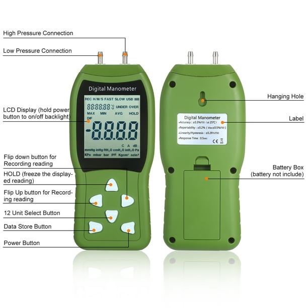 Manómetro digital, medidor de presión de aire profesional, medidor de  presión diferencial con puertos duales, manómetro de 12 unidades  seleccionables