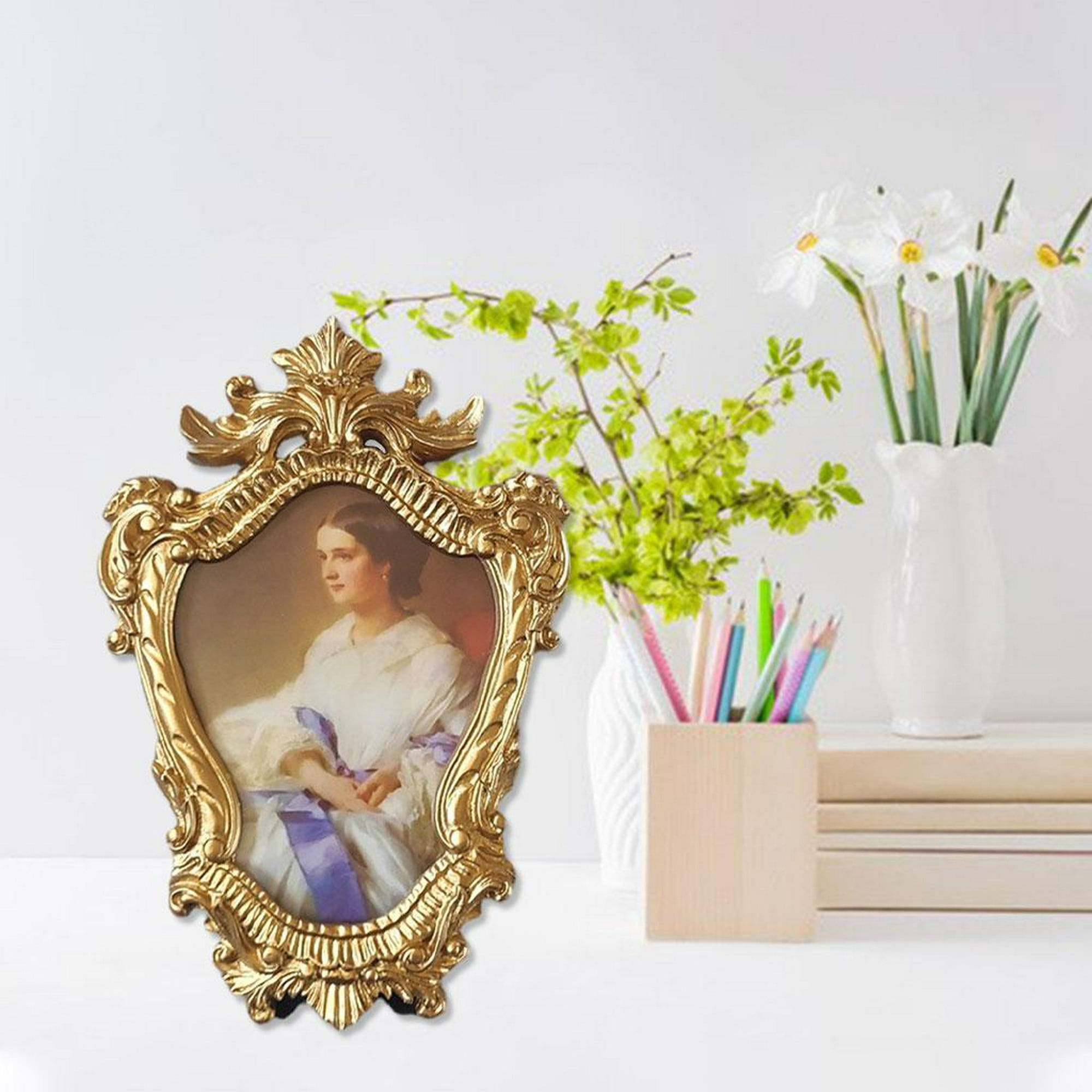 Marco de fotos antiguo adornado, marco dorado, elegante diseño europeo,  marco de fotos para montaje en mesa en casa (color dorado, tamaño: 7  pulgadas)