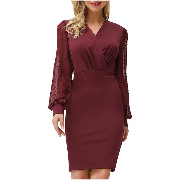 Vestido de manga larga de primavera y otoño para mujer, cuello en V,  ajustado, plisado, elegante, de Pompotops hdfakjf8425