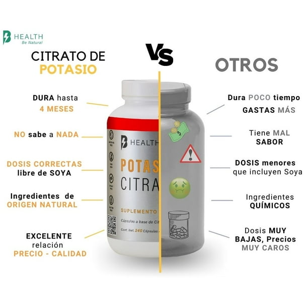 Citrato de Potasio + 100% Natural + Sin azúcar + Keto + B Health Be Natural  Citrato de Potasio 240 cápsulas de 500 mg