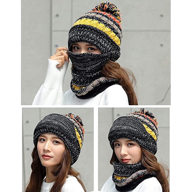 Gorros de invierno con forro polar para mujer, gorro de punto, bufanda,  máscara, cálido y suave, gorro de calavera suave con pompón, gris JAMW