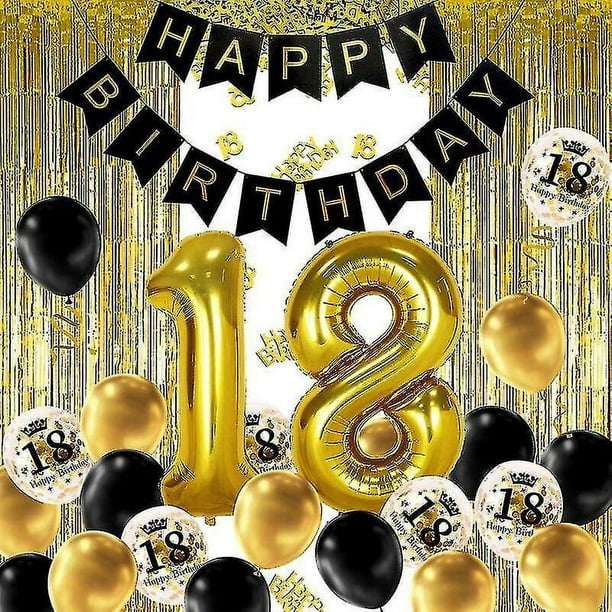 18 Años Deco Cumpleaños Oro Negro, Pancarta De Feliz Cumpleaños, Globo De  Helio Números 18 Xxl, Cortina De Flecos Confeti Negro Dorado Tablero De  Números De Látex Deco Co