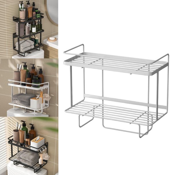 Estante de almacenamiento de 3 niveles para baño sobre el inodoro,  organizador de estante con marco de metal, con 4 ganchos, color negro