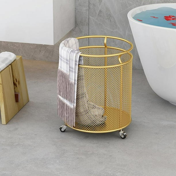 Cesto de ropa sucia de Metal dorado portátil con ruedas, cesto cilíndrico  para la ropa sucia, organizador de baño, clasificador