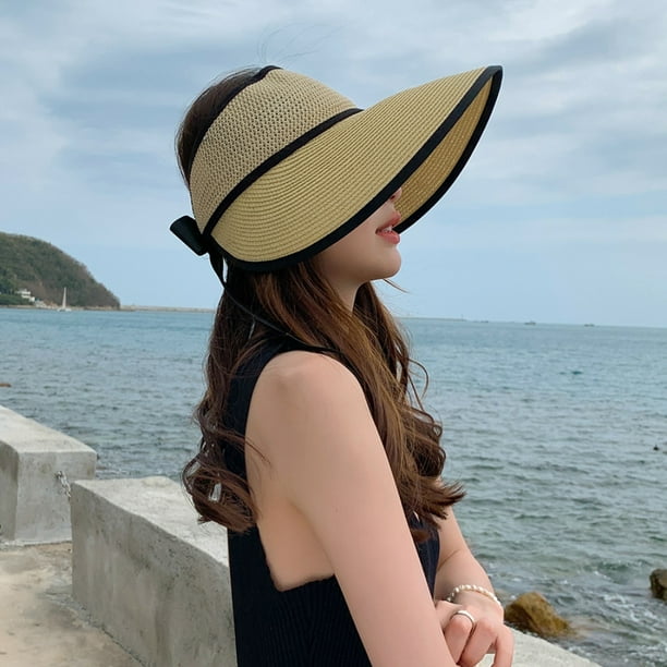 Vicera de paja plegable para mujer sombrero para playa alas ancha ajustable