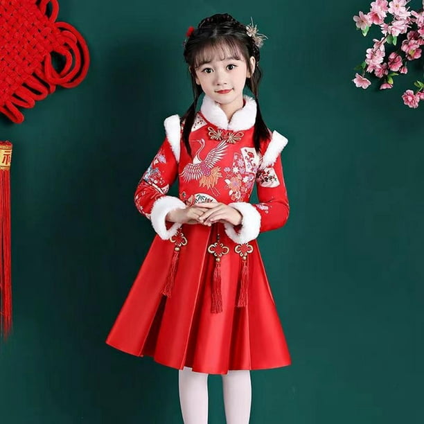 Vestido tradicional chino para niñas, vestido de Año Nuevo, bordado  exquisito, manga larga 110cm jinwen vestido de niñas chinas
