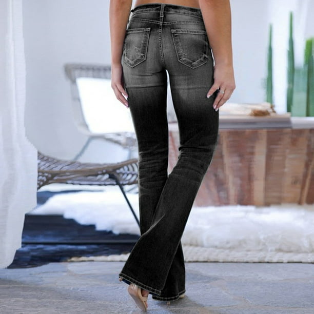 Pantalones Vaqueros de Longitud Completa Para Mujer Pantalones Acampanados  de Color Sólido Informales de Moda Pantalones Vaqueros de Bolsillo