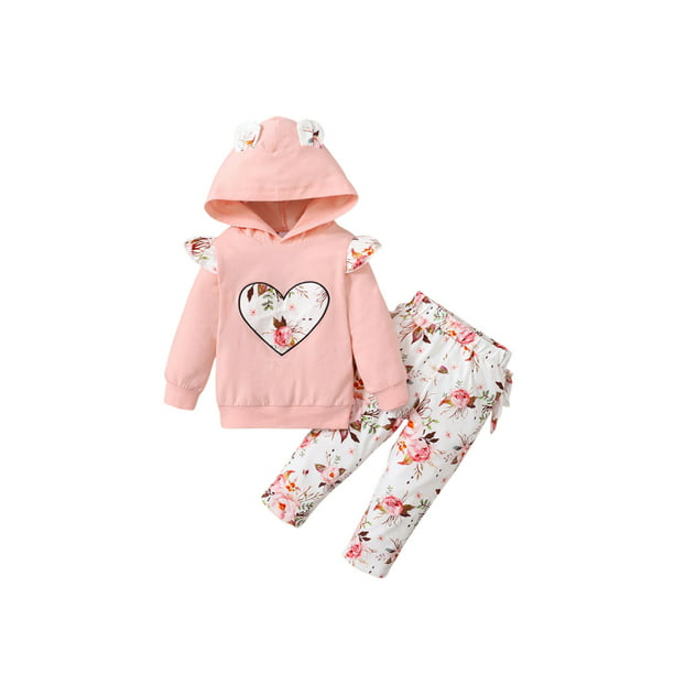 Conjuntos de ropa para niñas bebés Conjunto de pantalón de manga larga  Conjunto de top con volantes y capucha con patrón de corazón XBTCLXEBCO  Rosa, 9-12 meses