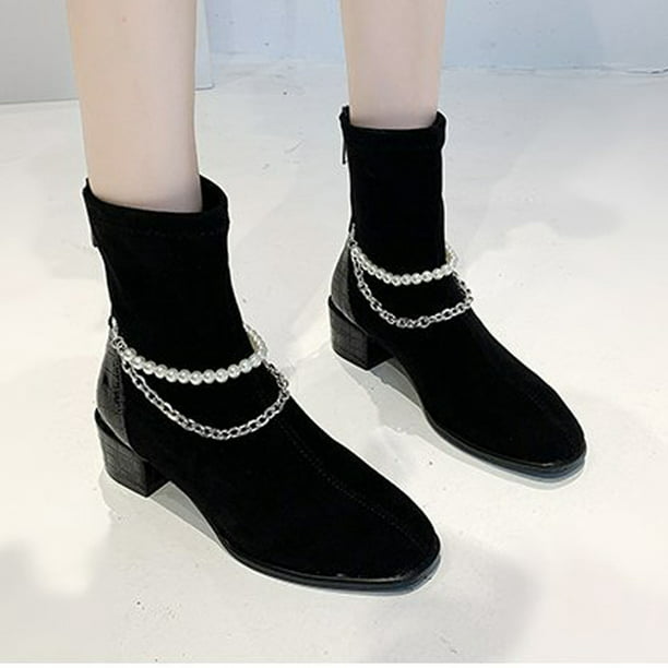 Botas de calcetines cadena de perlas de moda para mujer Botas cortas de tacón negras Wmkox8yii sdhk78 | Walmart en línea