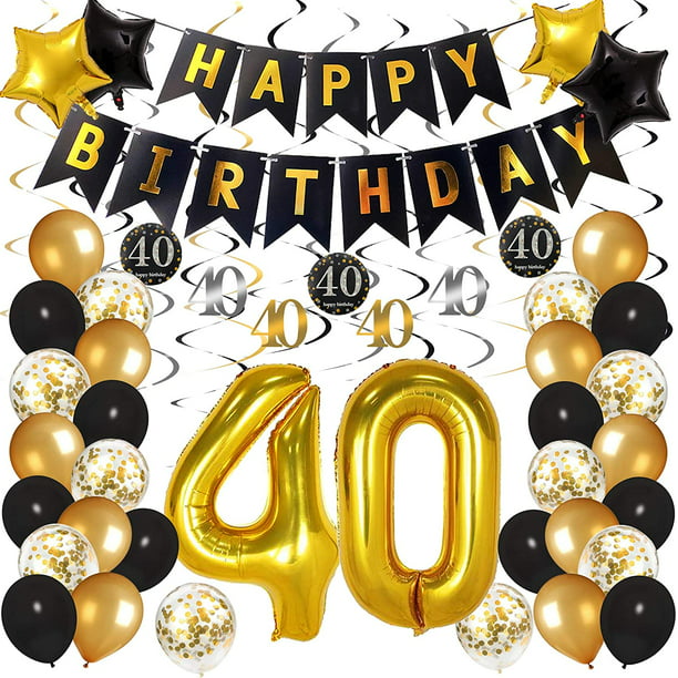 Decoraciones de 40 cumpleaños para hombres y mujeres, kit de decoración de  fiesta en negro y dorado, pancarta de feliz cumpleaños, globos negros y  dorados, globos de confeti, remolinos para decoracion JFHHH