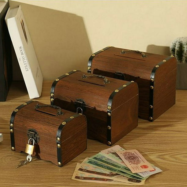 Cofre del tesoro de madera, caja de tesoro de madera, caja de dinero de  tallado de madera segura hecha a mano con candado, caja de regalo de  pirata