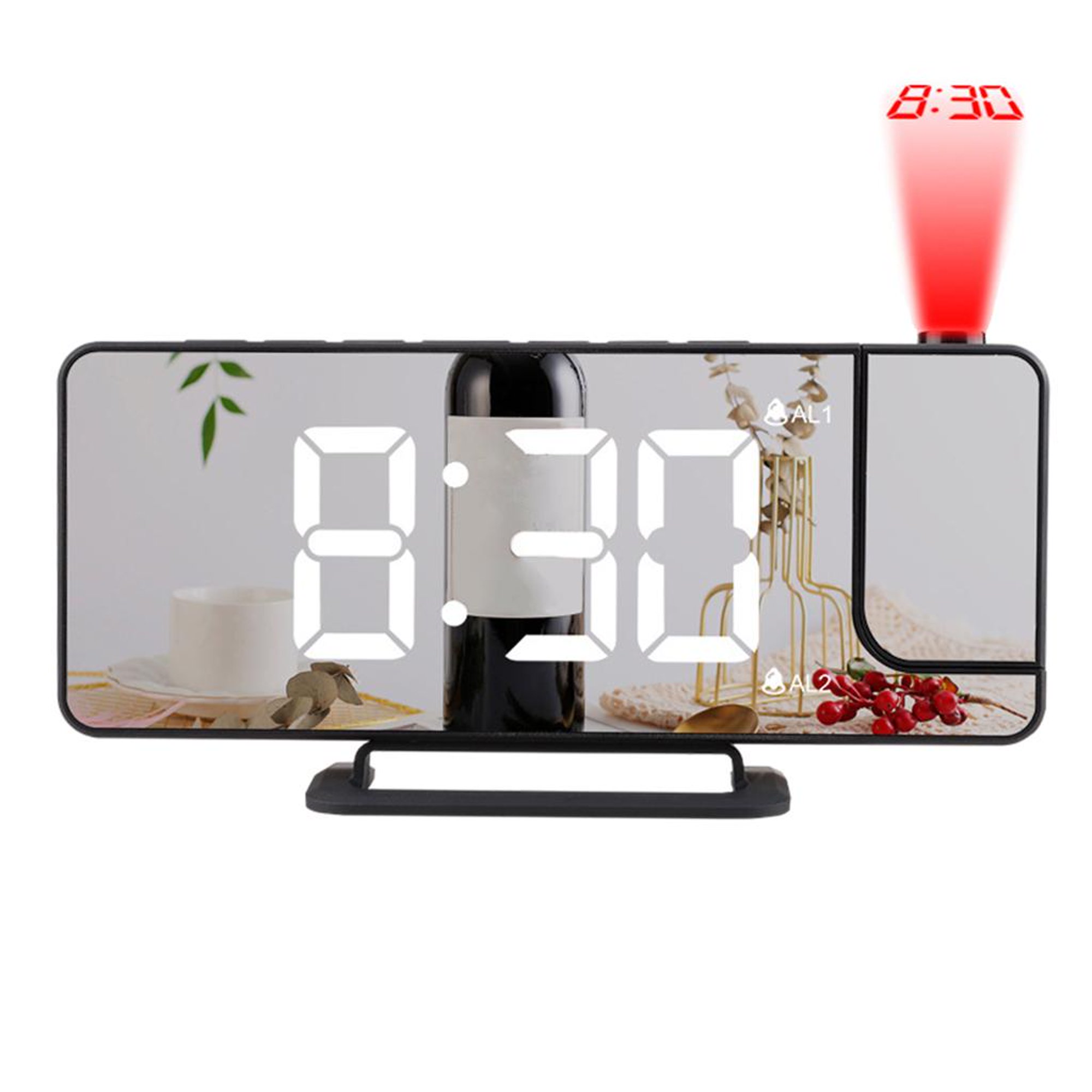  Reloj digital con pantalla grande, LED de alarma eléctrica,  superficie de espejo para maquillaje con modo de atenuación, 3 niveles de  brillo, puertos USB duales, decoración moderna para decoración del hogar