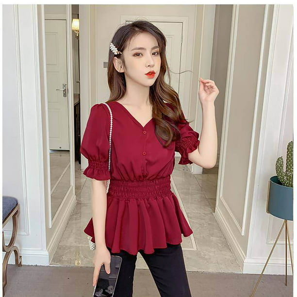 Camisa de mujer con cuello en de verano de color sólido con botones manga larga, rojo vino, S AP001444-09 | Bodega Aurrera en línea