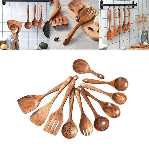 Cucharas de madera para cocinar, 7 utensilios de madera para cocinar, juego  de utensilios de cocina de madera de teca, utensilios de cocina de madera