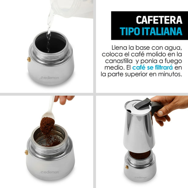 Cafetera Italiana Moka Redlemon para Cafe Espresso Acero Inoxidable 300ml