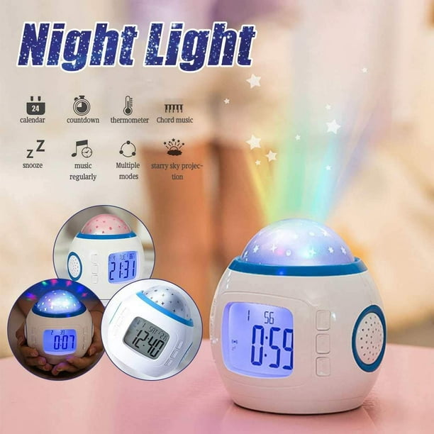 Reloj despertador para niños, luz nocturna que cambia de 7 colores,  proyector de estrellas y luna, reloj despertador, repetición, control  táctil