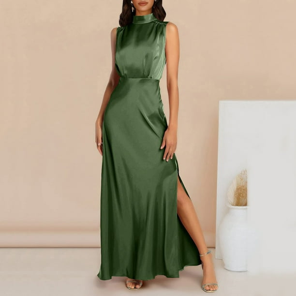 El verano vestidos casual elegante mujer sexy de seda satén verde
