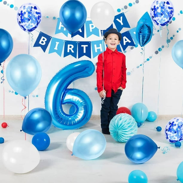 Globo de cumpleaños para niño de 6 años, decoraciones de cumpleaños azules  de 6 años, globos de cumpleaños número 6, globos de confeti de látex