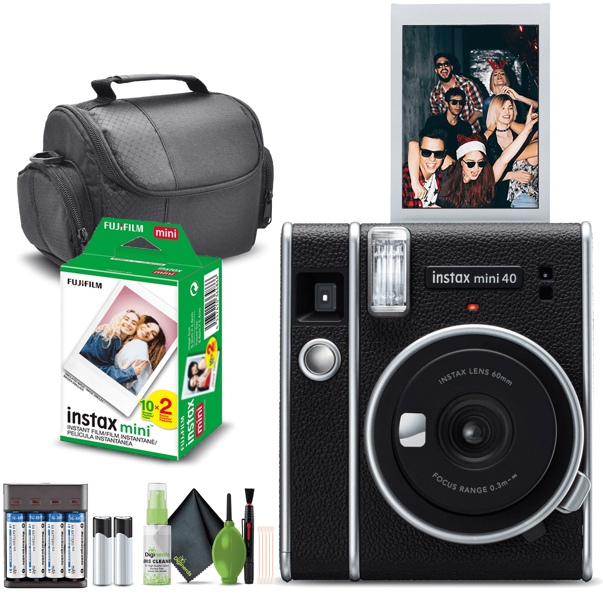 Cámara instantánea Fujifilm Instax Mini 40, color negro, paquete vintage  con película Fuji Instax Mini, 60 hojas + 4 baterías recargables y más  Cámara perfecta para niños, bodas, cumpleaños o cualquier ocasión