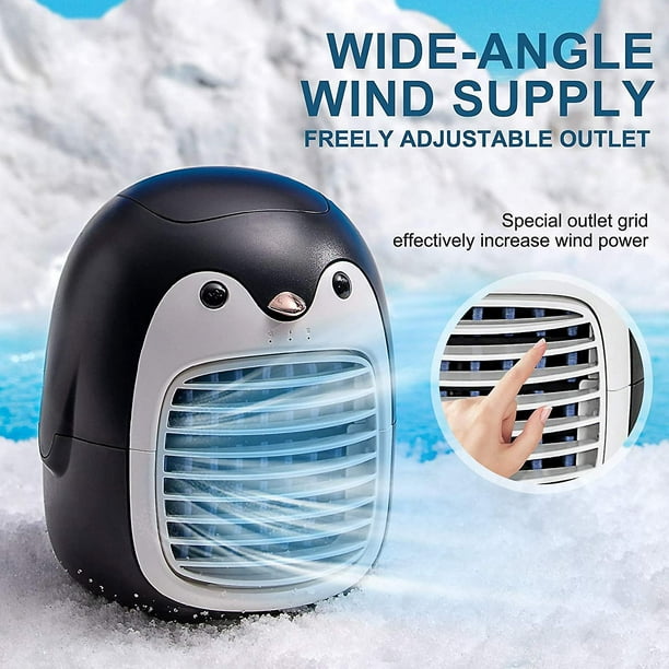 Lindo pingüino ventilador de aire acondicionado portátil, enfriador de aire  inalámbrico USB recargable, espacio personal mini evaporativo,  humidificador silencioso de 3 velocidades Misting Fa