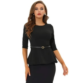 Allegra K Top peplum de trabajo elegante con cinturón de manga 3/4 y cuello redondo para mujer Negro M Allegra K Blusa