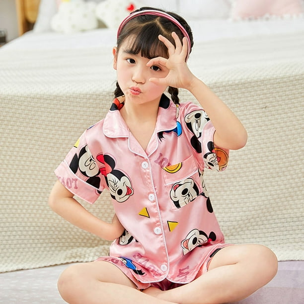 disney Children Pyjama Sets Silk Satin Sleepwear Mickey Mouse T shirt Nightwear Girl Boy Homewear Ki Gao Jinjia LED