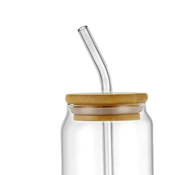  Whaline Juego de 4 vasos para beber con tapas de bambú y popote  de vidrio, vaso de vidrio en forma de lata de 16 onzas, vaso de cerveza,  vaso de café