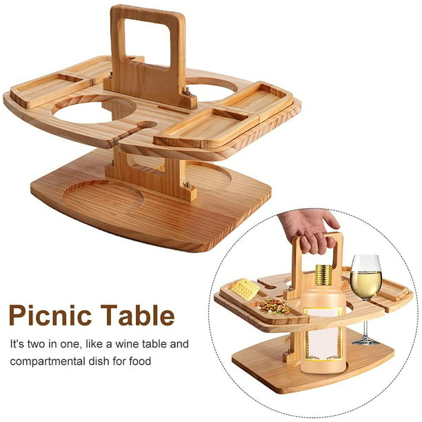 Mesa de picnic de madera al aire libre portátil plegable con soporte para  copas de vino, mesa de aperitivos con bandeja compartimental para queso y
