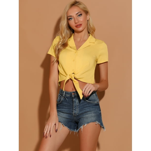 Blusa Corta Cambray Camisa Frente Lazo Manga Corta Amarillo T M