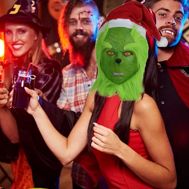 Guantes verdes disfraz de máscara de Navidad con sombrero rojo de Papá  Noel, cosplay, fiesta de Halloween, accesorios para adultos, máscara de  látex