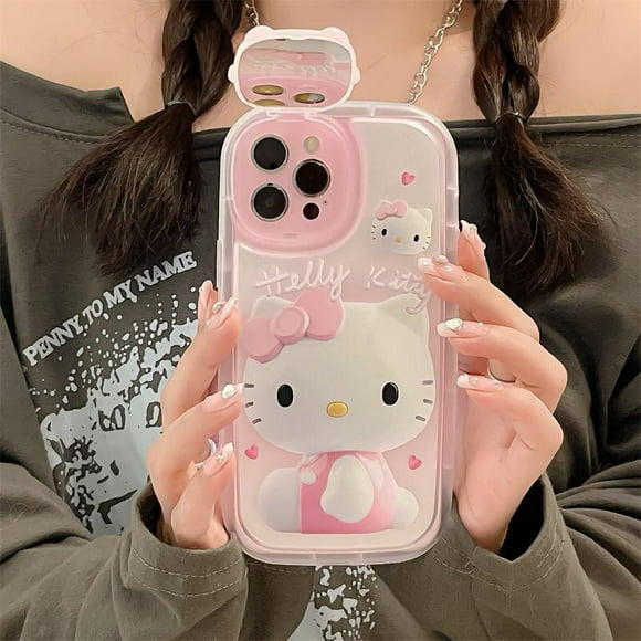 cartoon pink sanrios hello kitty with mirror phone case for iphone14 13 12 11 pro max xr xs max x sh fivean unisex