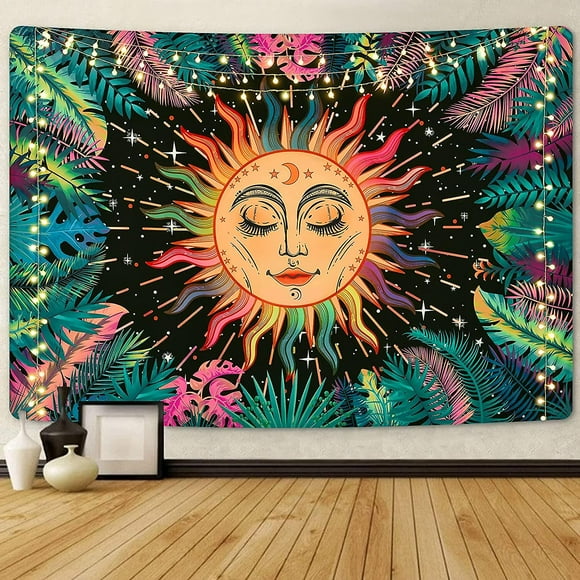 otra decoración de pared tapiz de sol psicodélico de 150 x 130 cm tapiz de plantas hojas luna y estrellas tapiz de caras fractales místicas tapiz de mandala colorido yongsheng 8390605467608