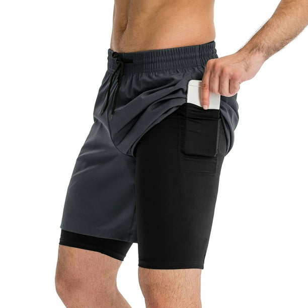 Pantalones cortos de correr 2 en 1 para hombre con bolsillos, de secado  rápido, transpirables, pantalones cortos de entrenamiento para gimnasio  activo