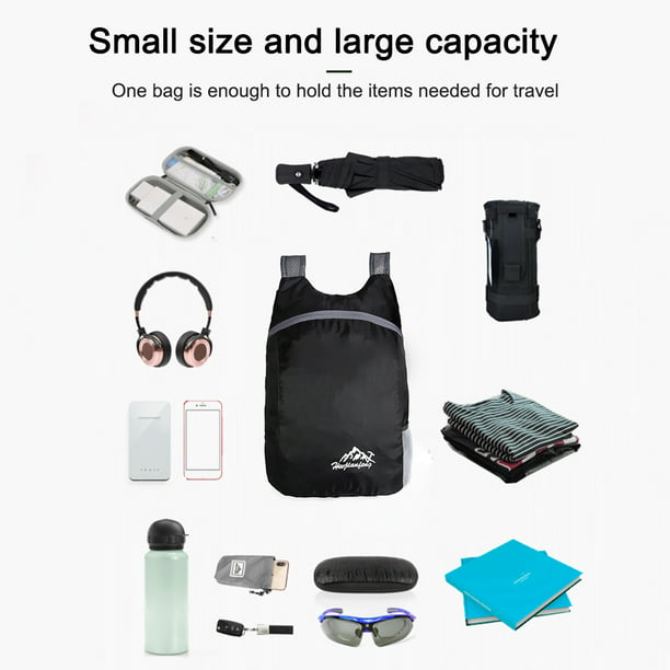 Mochila plegable portátil ligera impermeable mochila plegable ultraligera  al aire libre para mujeres hombres viajes senderismo, negro (black-20L)