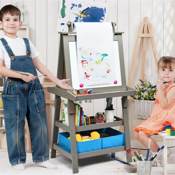 Caballete Artístico para Niños con Doble Cara 3 en 1 con Pizarra Blanca y  Negra Altura Regulable Rollo de Papel con Accesorios Completos