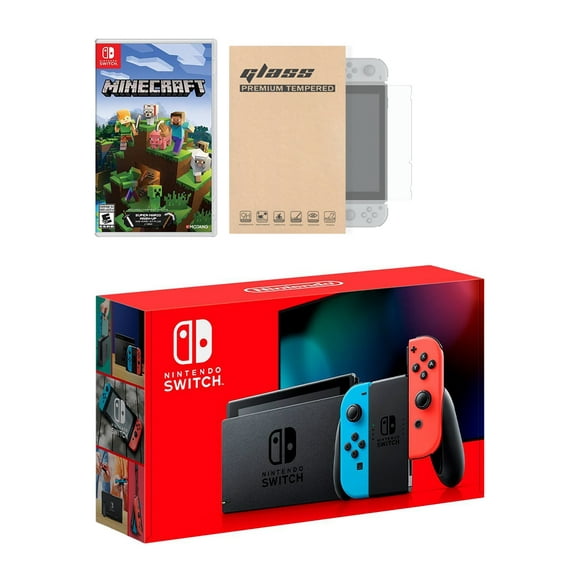 nintendo switch neon red blue joycon console minecraft bundle with mytrix tempered glass screen protector  improved battery life console with the most popular game nintendo hadskabaa
