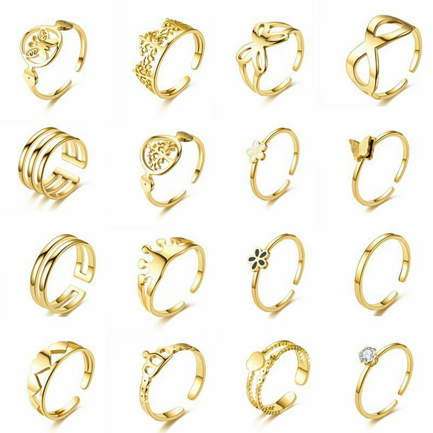 16 piezas de anillos de oro gruesos ajustables para mujer Anillos