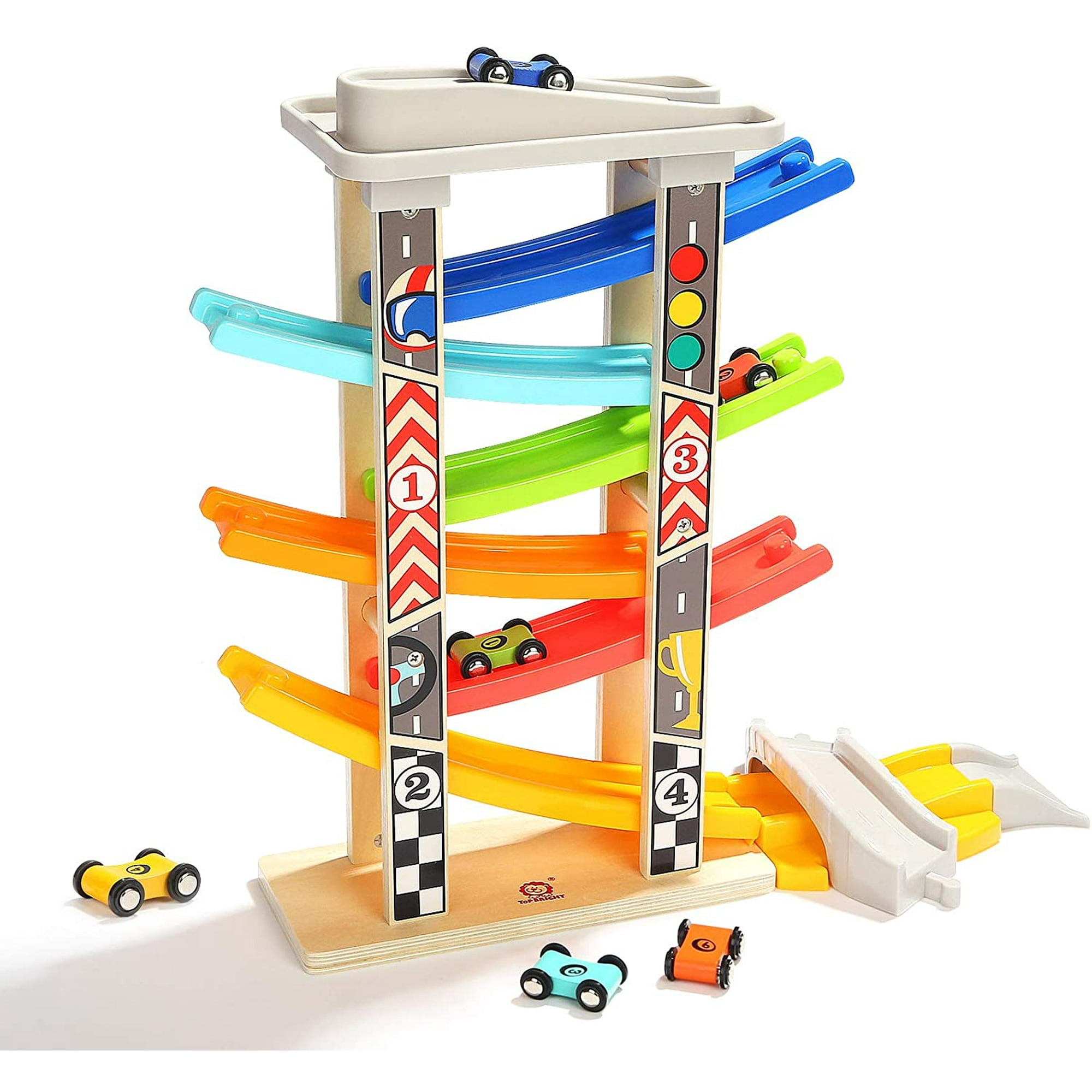 Juguete de rampa para coche para regalos de niño de 1 2 3 años, juguete de  pista de carreras para niños pequeños con 4 coches de madera y garaje para  3 coches