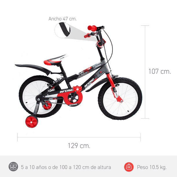 Bicicleta para niño de 5 a 10 años, Rodada 16, Rojo-Gris, con rueditas de  entrenamiento. Unibike Inferno Urbana
