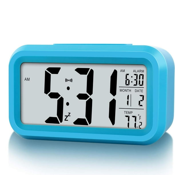 GOLOZA Reloj despertador digital para dormitorios, reloj digital con diseño  curvo moderno, números LED azules llamativos, 5 niveles de brillo+apagado